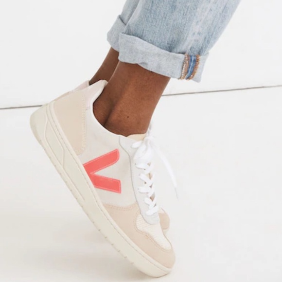 Veja Shoes - Veja V-10 Lace-Up Beige Neon Pink leather suede Women's Sneakers Sz 8